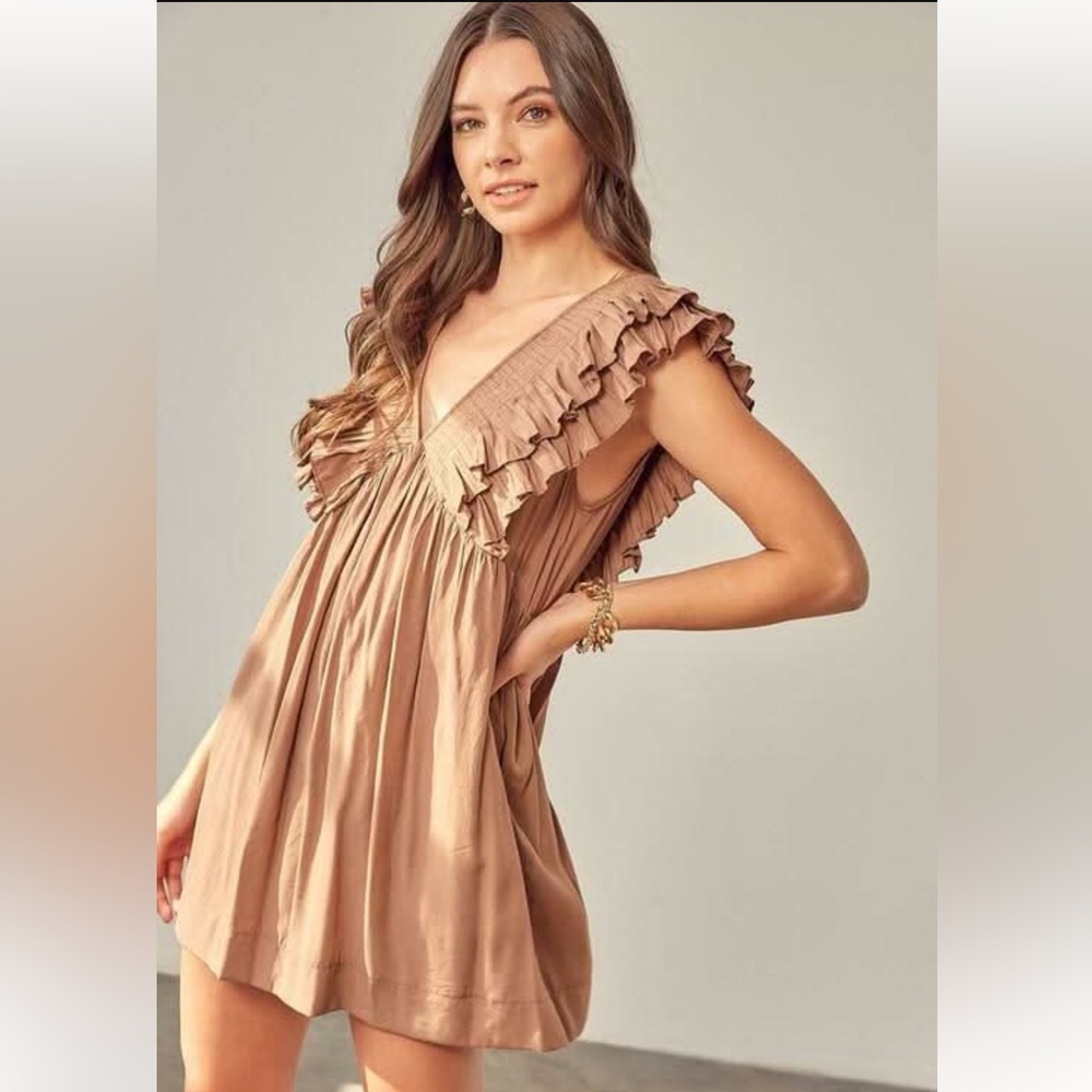 Brown Ruffled V-Neck Romper Dress